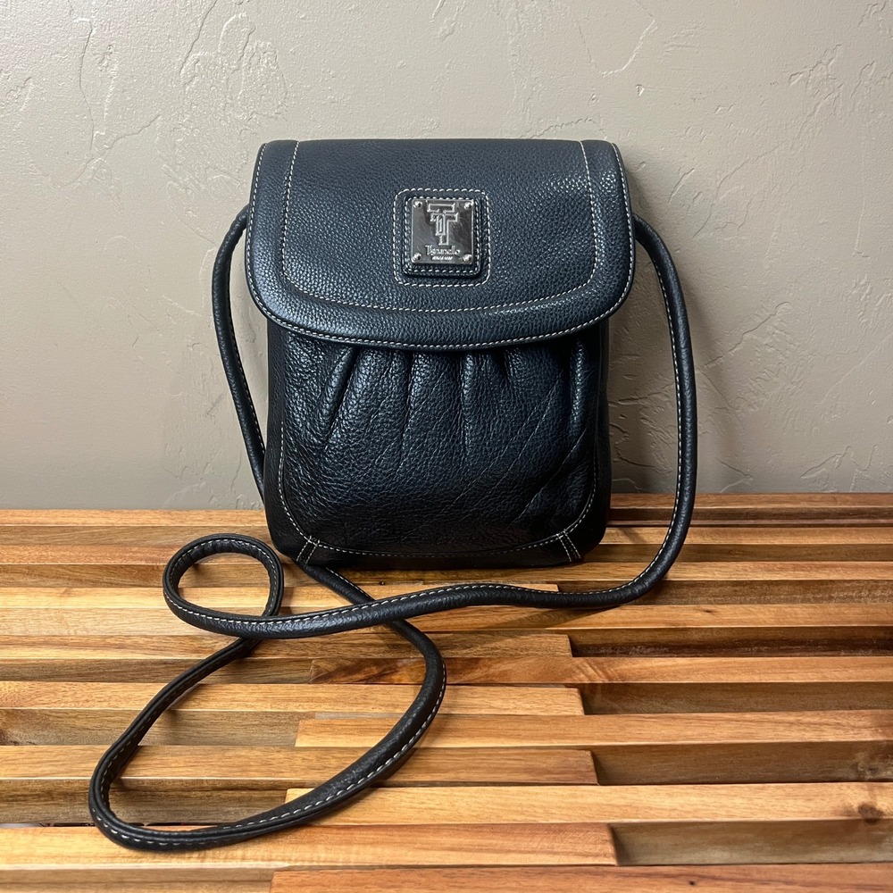 Tignanello Black Pebbled Leather Crossbody Bag Contrast Stitching Flap Small